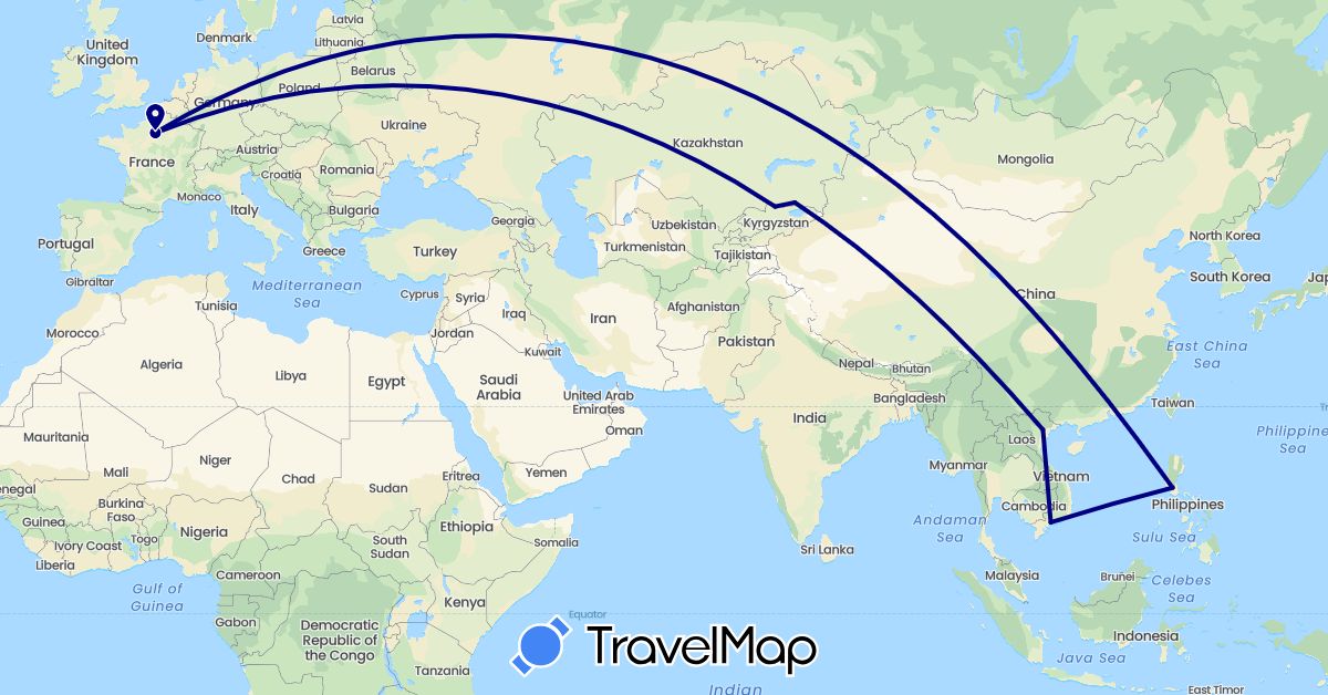 TravelMap itinerary: driving in France, Kyrgyzstan, Kazakhstan, Philippines, Vietnam (Asia, Europe)