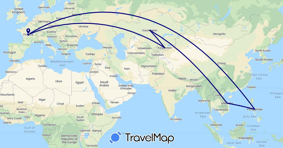TravelMap itinerary: driving in France, Kyrgyzstan, Philippines (Asia, Europe)
